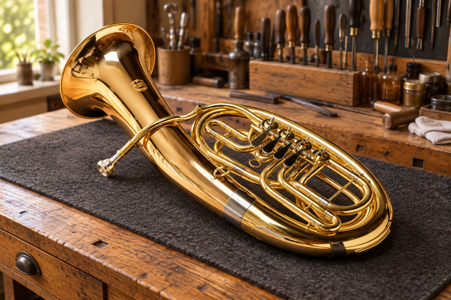 Baritone und Tenorhörner auf einer antiken Werkbank