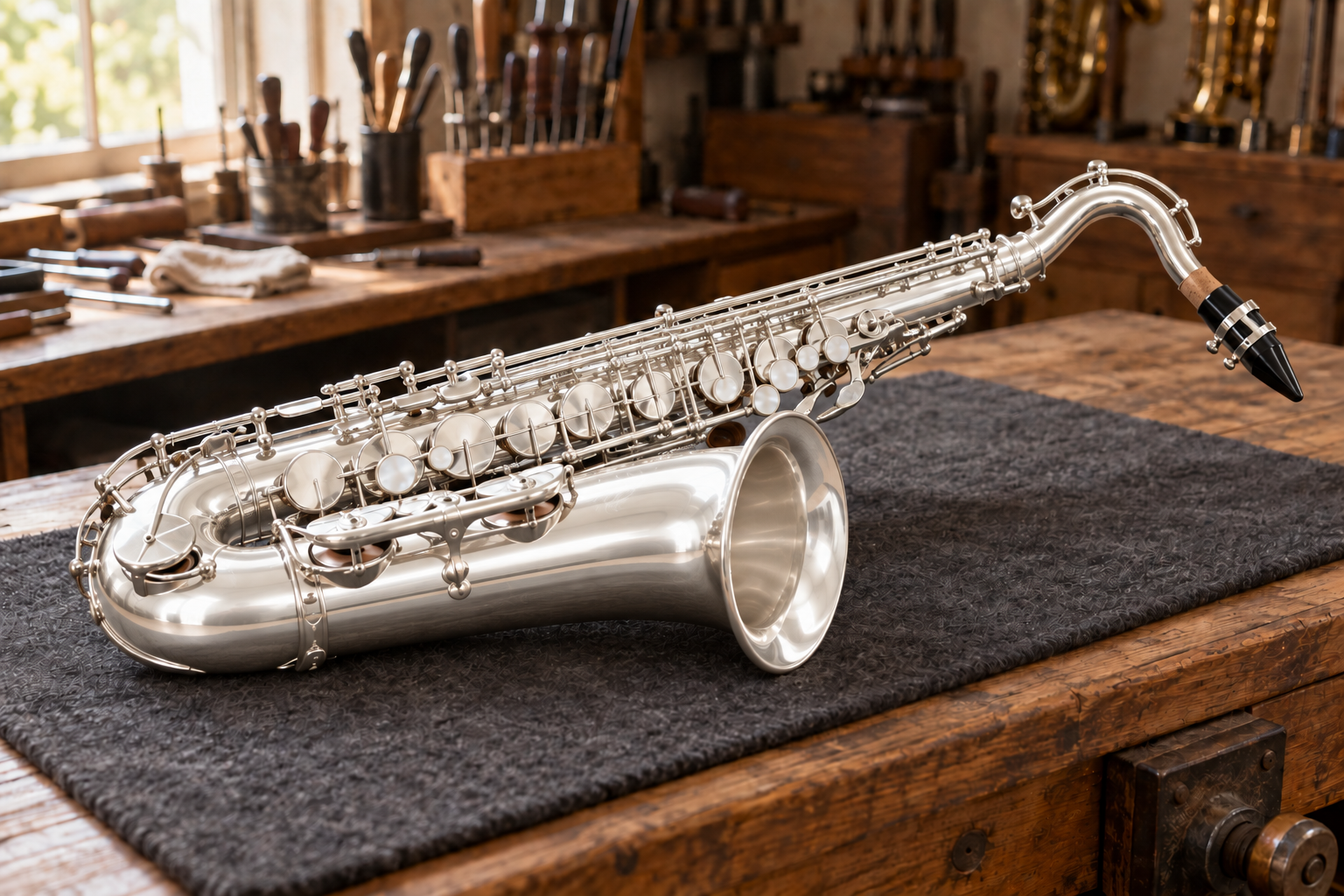 Saxophone auf einer antiken Werkbank